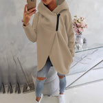 Beige zip-up hoodie with hood, front pocket, and black zipper detail