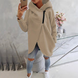 Beige zip-up hoodie with hood, front pocket, and black zipper detail
