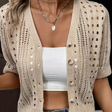 Beige short-sleeve cropped cardigan with open front, knit eyelet texture and buttons