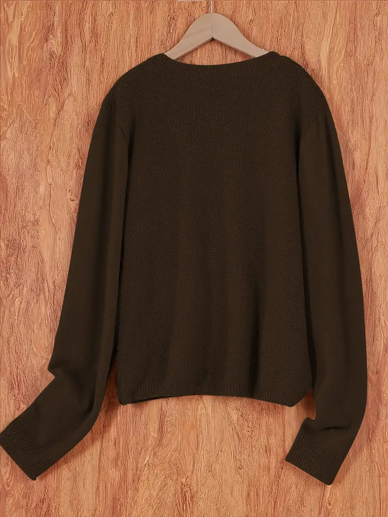Women’s round-neck cardigan with long sleeves, dark brown knit texture, cropped back view