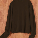 Women’s round-neck cardigan with long sleeves, dark brown knit texture, cropped back view