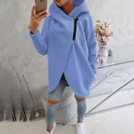 Light blue zip-up hoodie with hood, front pocket, and black zipper trim