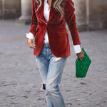 Red velvet blazer with notch lapels, single-breasted gold button front, long sleeves