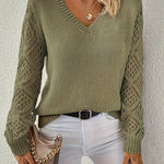 Olive green long-sleeve V-neck knit sweater with openwork lace sleeve details