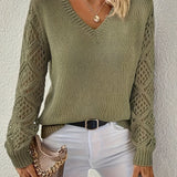 Olive green long-sleeve V-neck knit sweater with openwork lace sleeve details