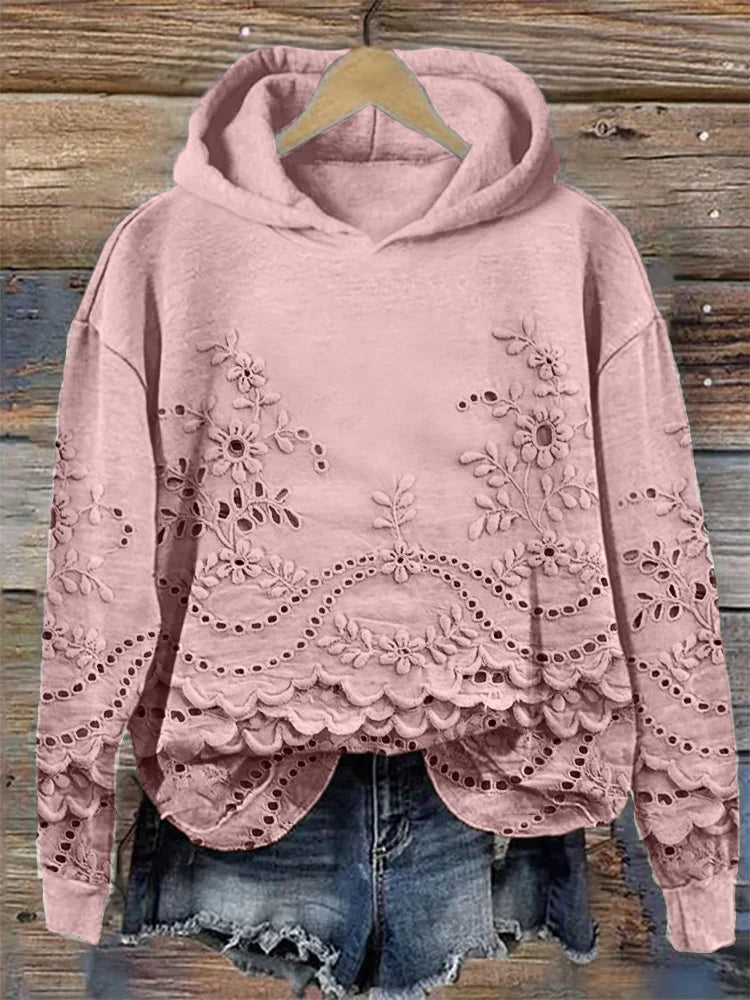 Pink hoodie with floral embroidered eyelet lace hem and scalloped front panel