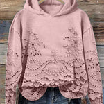 Pink hoodie with floral embroidered eyelet lace hem and scalloped front panel