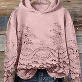Pink hoodie with floral embroidered eyelet lace hem and scalloped front panel