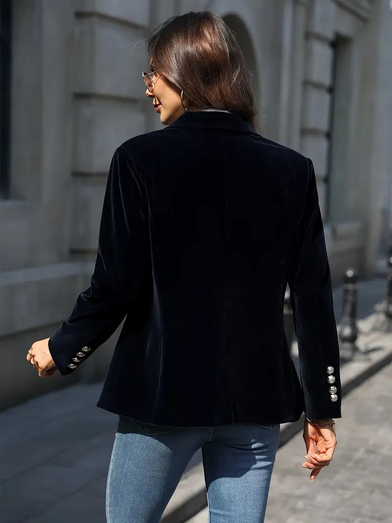 Julissa™ velvet blazer, back view in dark blue with buttoned cuffs