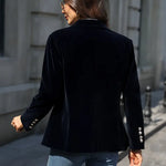 Julissa™ velvet blazer, back view in dark blue with buttoned cuffs