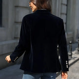 Julissa™ velvet blazer, back view in dark blue with buttoned cuffs