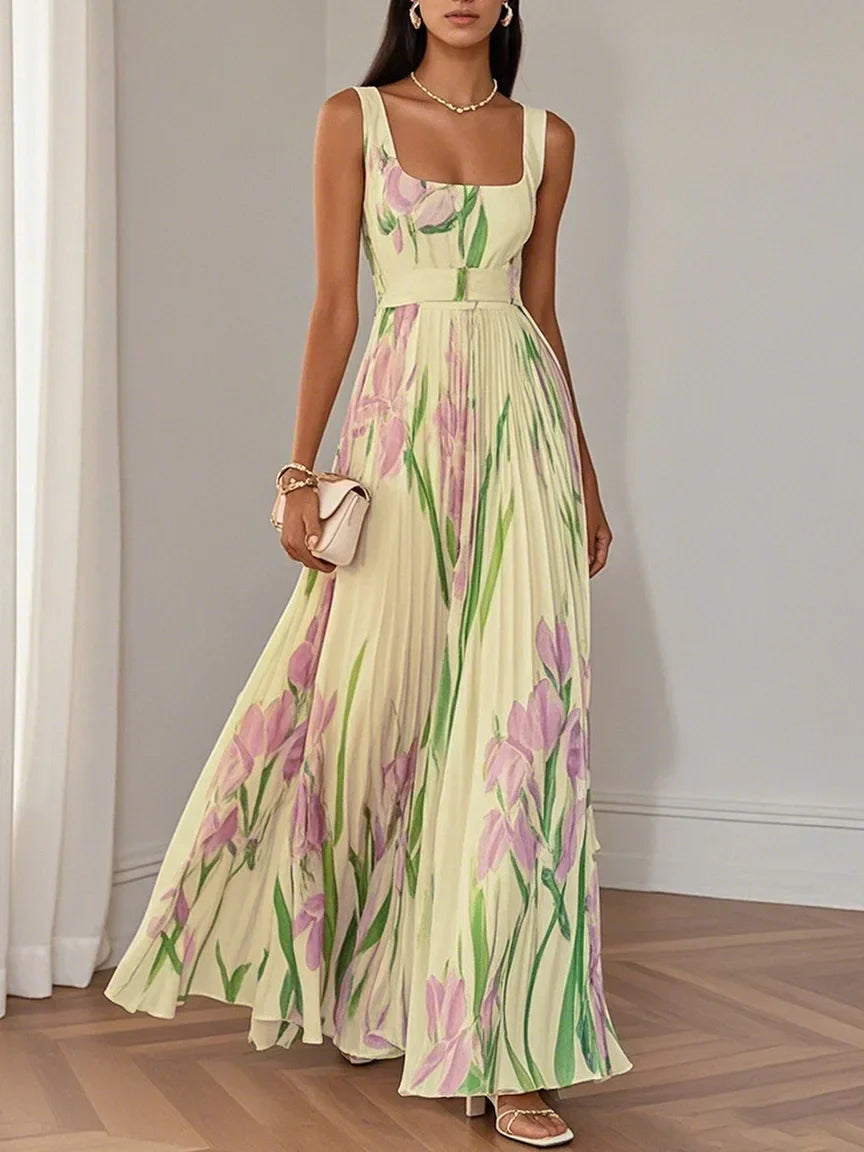 Mary™ pleated maxi dress, pale base with pink and green floral print, long pleated skirt