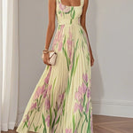 Mary™ pleated maxi dress, pale base with pink and green floral print, long pleated skirt