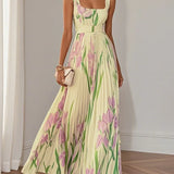 Mary™ pleated maxi dress, pale base with pink and green floral print, long pleated skirt