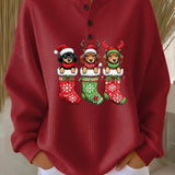 Red vintage Christmas henley sweater with dog motif and festive stockings graphic