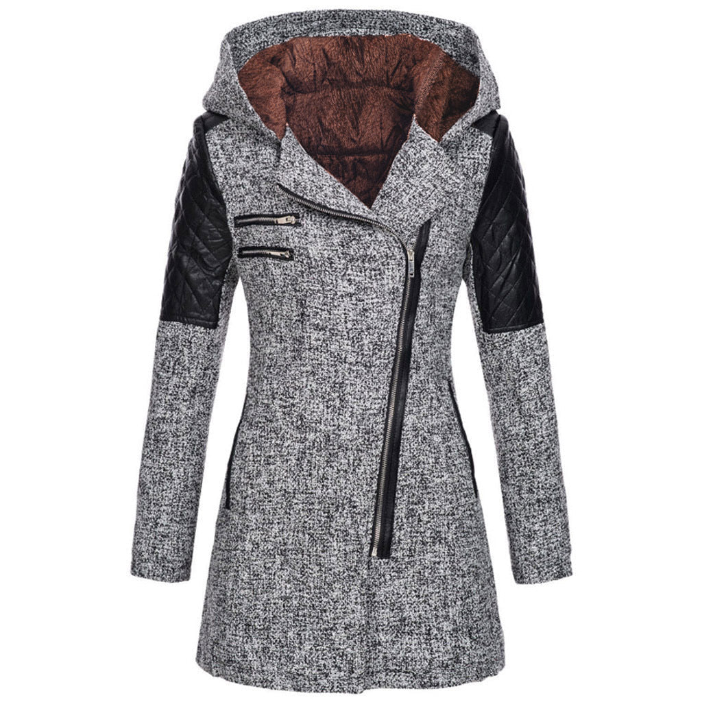 Womens winter parka coat, light gray heather, faux fur-lined hood, quilted sleeve panels
