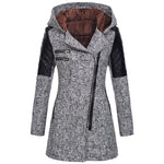 Womens winter parka coat, light gray heather, faux fur-lined hood, quilted sleeve panels