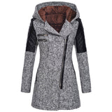 Womens winter parka coat, light gray heather, faux fur-lined hood, quilted sleeve panels