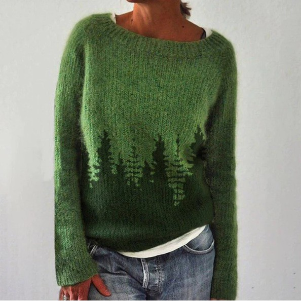 Green retro pullover sweater with darker forest tree graphic