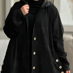 Black corduroy hooded jacket with button front and side pockets