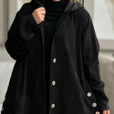Black corduroy hooded jacket with button front and side pockets