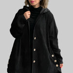 Cordia™ hooded jacket in black with button front and side pockets