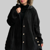 Cordia™ hooded jacket in black with button front and side pockets