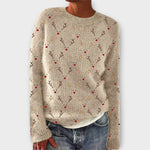 Simone cozy Christmas sweater in oatmeal knit, crew neck, antler and berry pattern