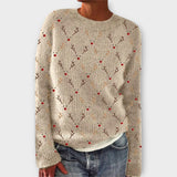 Simone cozy Christmas sweater in oatmeal knit, crew neck, antler and berry pattern