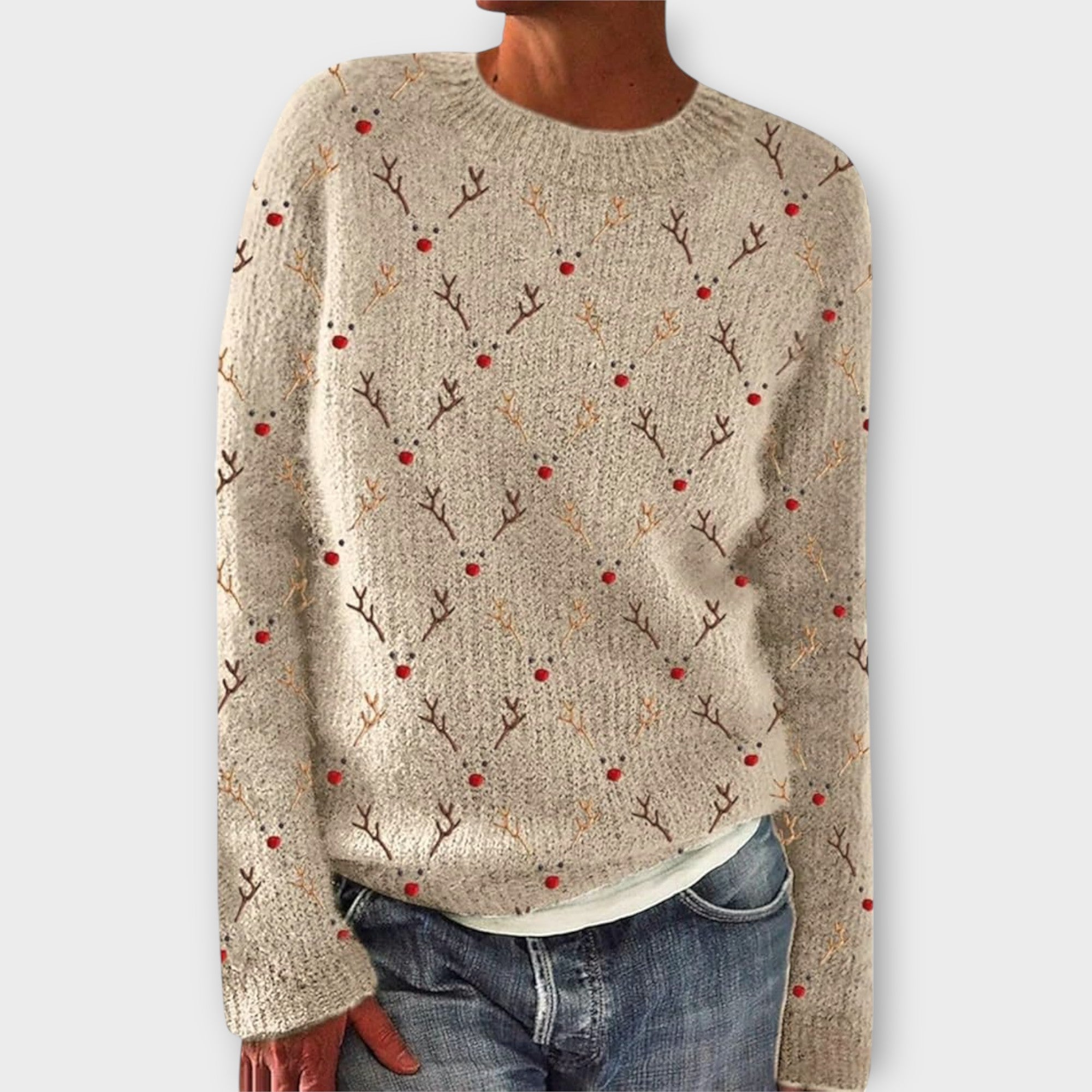 Simone cozy Christmas sweater in oatmeal knit, crew neck, antler and berry pattern