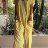 Yelena™ - Lässiger V-Ausschnitt Einfarbiger Jumpsuit