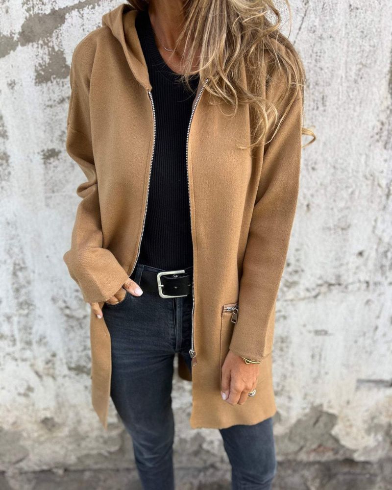 Tan hooded zip-front jacket with long sleeves, drawstring hood, and side zip pockets
