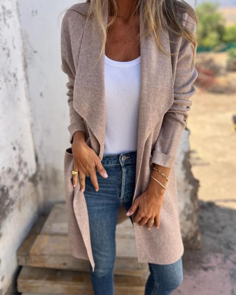 Long open-front revers cardigan in taupe knit with draped lapels and pockets