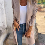 Long open-front revers cardigan in taupe knit with draped lapels and pockets