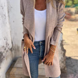 Long open-front revers cardigan in taupe knit with draped lapels and pockets