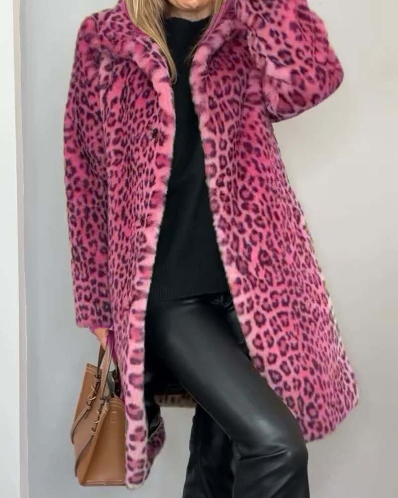 Leopard-print long coat, pink and black faux-fur texture, open front with lapels