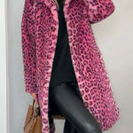 Leopard-print long coat, pink and black faux-fur texture, open front with lapels