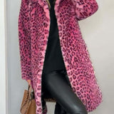 Leopard-print long coat, pink and black faux-fur texture, open front with lapels