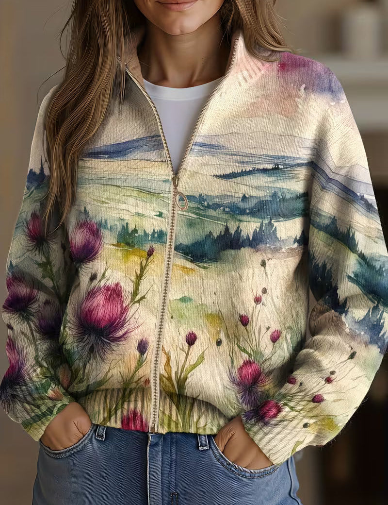 Women's knit cardigan, cream watercolor landscape with purple-pink thistle flowers