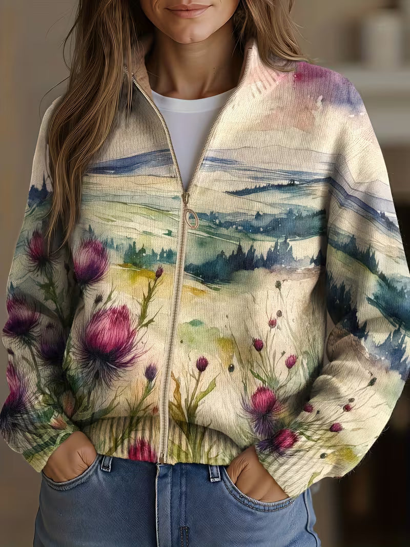 Women's knit cardigan, cream watercolor landscape with purple-pink thistle flowers