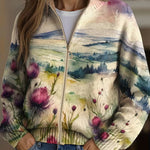 Women's knit cardigan, cream watercolor landscape with purple-pink thistle flowers