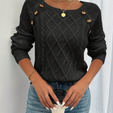 Black cable-knit crewneck sweater with decorative shoulder buttons and ribbed cuffs