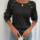 Cable-knit long-sleeve sweater, dark black, round neck with decorative buttons on shoulders