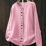 Pink cardigan sweater with button front and ribbed crew neckline