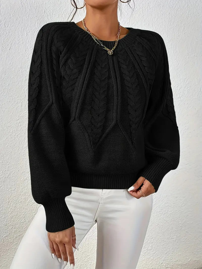 Jane™ cable-knit pullover sweater in black with long sleeves and crew neck