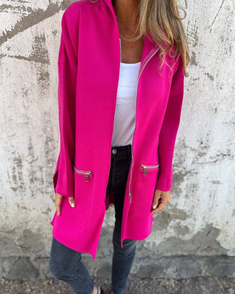 Fuchsia hooded zip-front jacket with long sleeves and side zip pockets