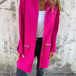 Fuchsia hooded zip-front jacket with long sleeves and side zip pockets