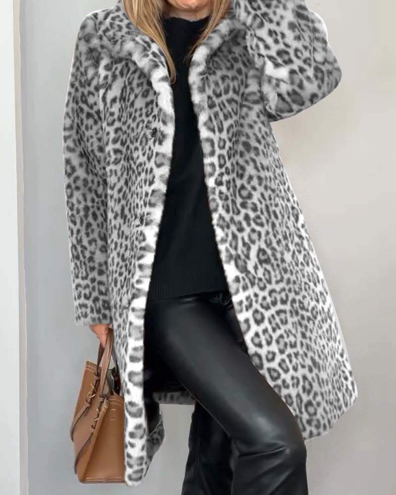 Leopard-print long coat, gray and black faux-fur texture, open front with lapels