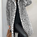 Leopard-print long coat, gray and black faux-fur texture, open front with lapels