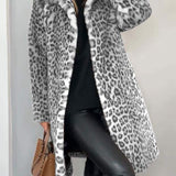 Leopard-print long coat, gray and black faux-fur texture, open front with lapels